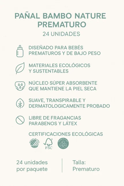 Pañal Bambu Nature Prematuro 24U